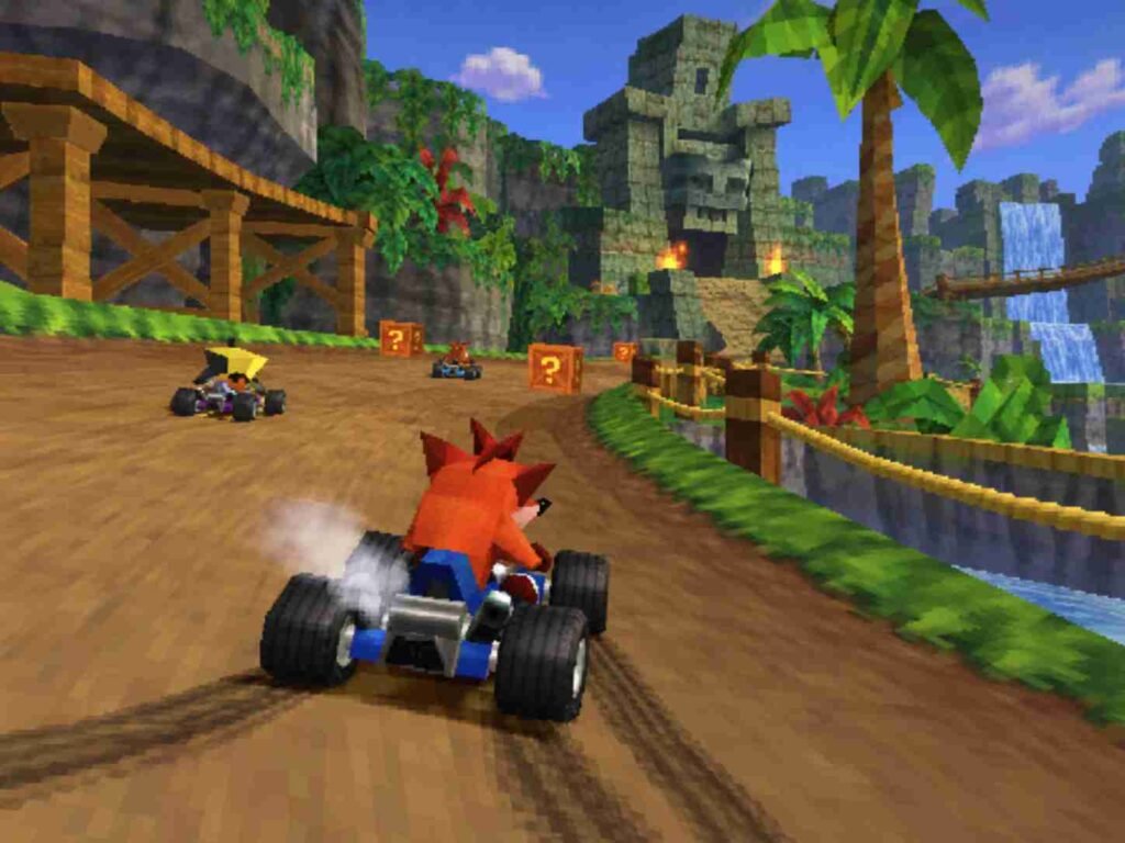 Crash Bandicoot power-sliding through a jungle track in a kart