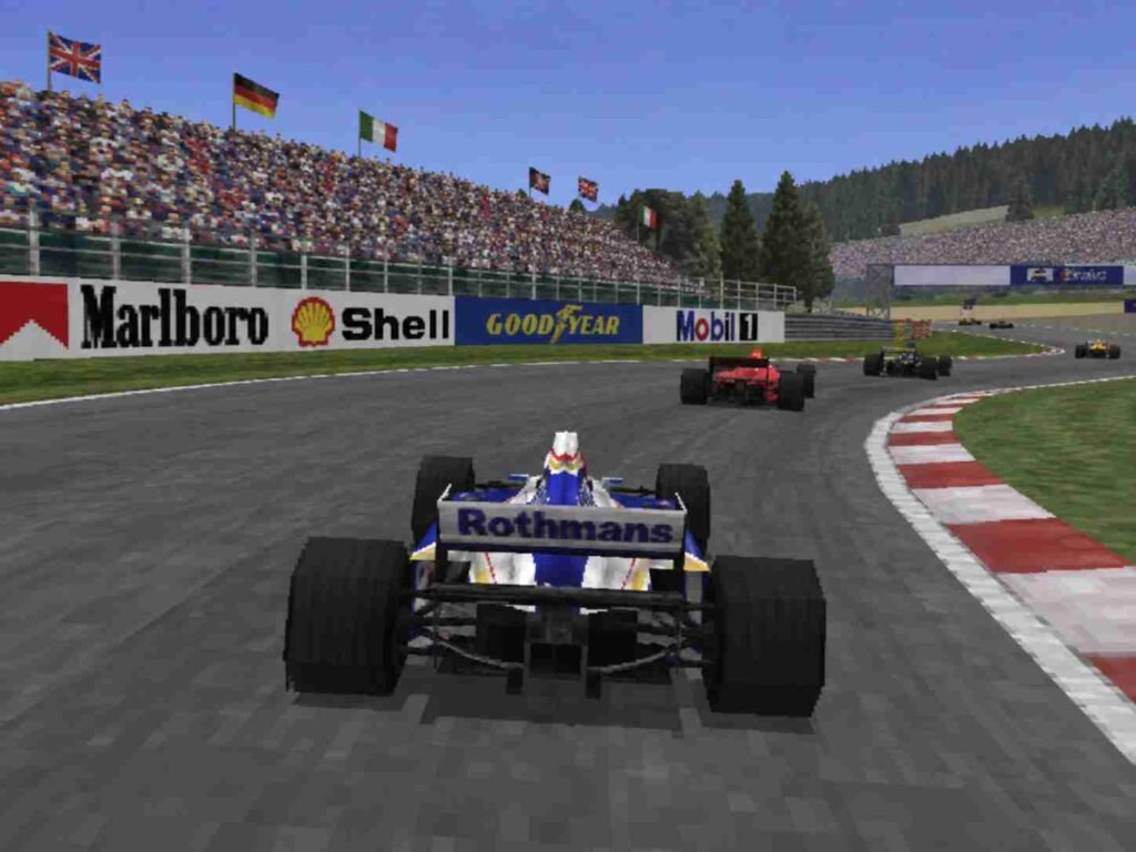 Formula 1 '97 race car cornering on a circuit