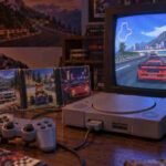 Retro PS1 console and classic racing games beside a CRT television