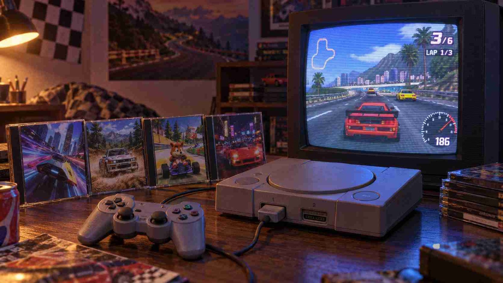 Retro PS1 console and classic racing games beside a CRT television