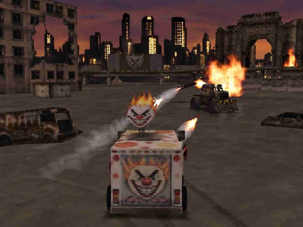 Twisted Metal 2 vehicles battling in a city arena