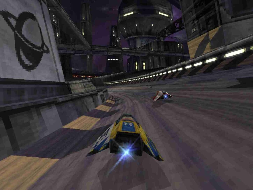 Wipeout 2097 anti-gravity ship racing on a futuristic track
